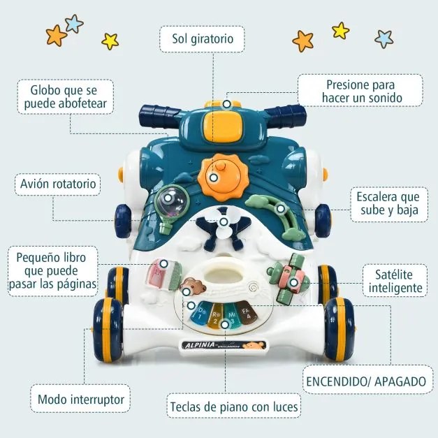 Andarilho 3 em 1 para crianças dos 6 aos 36 meses Carro de passeio com luzes e música Centro de actividades  46 x 46 x 46 cm Azul