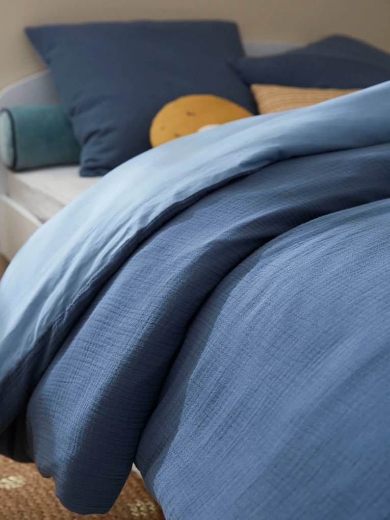 Conjunto bicolor, capa de edredon + fronha de almofada, em gaze de algodão, para criança azul medio liso