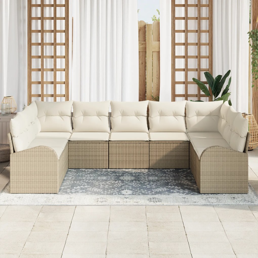Conjunto de Sofás de Jardim com 9 Peças e Almofadas Bege Vime Polietil