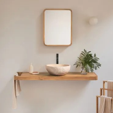 Conjunto De Móvel De Casa De Banho 130x45 Cm Suspenso Em Madeira De Teca Neill Madeira De Teca & Preto Mate ↑30 Cm Com Válvula De Escoamento Sem Trans