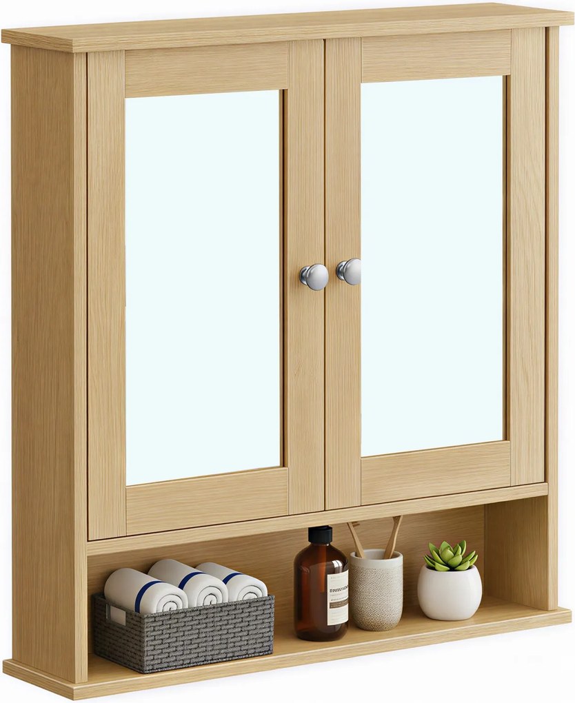 Armário casa banho parede com espelho 13 x 56,5 x 58,5 cm com 2 portas espelhadas e compartimento aberto em cor de carvalho natural