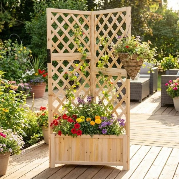 Floreira de jardim 55 x 55 x 140 cm elevada de canto com treliça para trepar com orifícios de drenagem para plantas natural