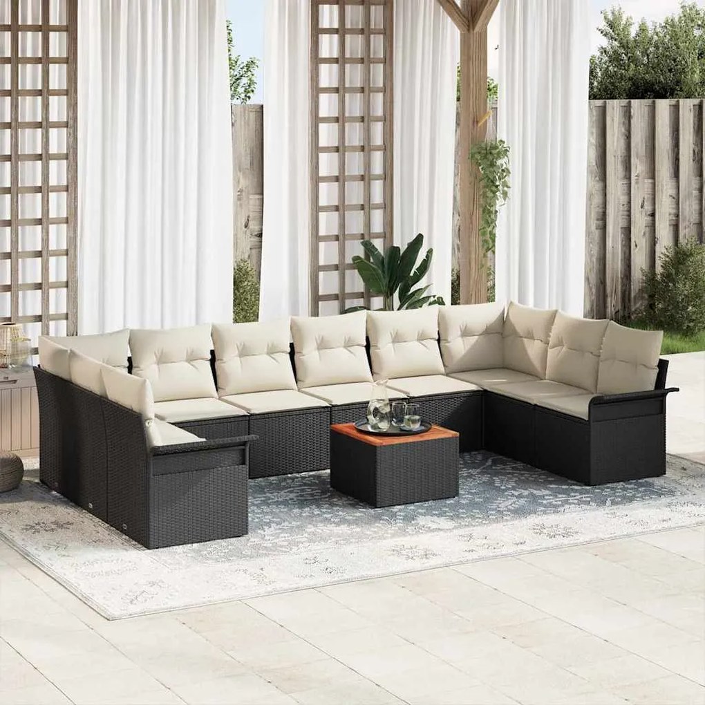 vidaXL Sofá de Jardim de 11 peças com Almofadas, Rattan Sintético Preto e Acácia