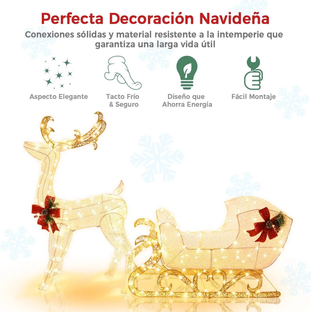 Conjunto de Rena e Trenó do Pai Natal, 50 x 184 x 123 cm, Pré-iluminado com 215 Luzes LED, Branco