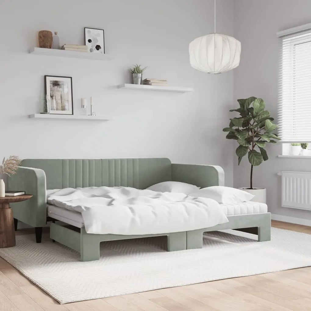 Sofá-cama c/ gavetão e colchões 90x190 cm veludo cinzento-claro