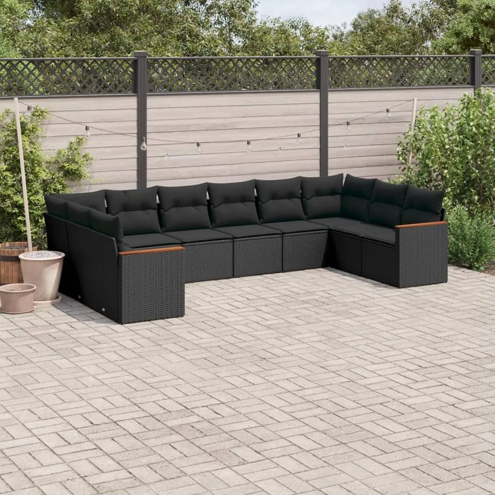 10 pcs conjunto sofás de jardim c/ almofadões vime PE preto