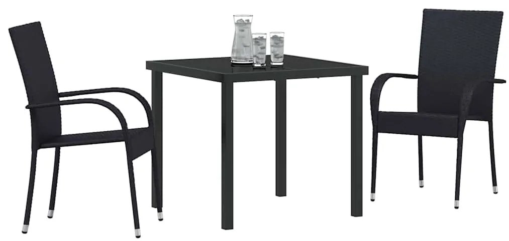 Conjunto de Jantar para Jardim 3 pcs Preto Rattan de PE