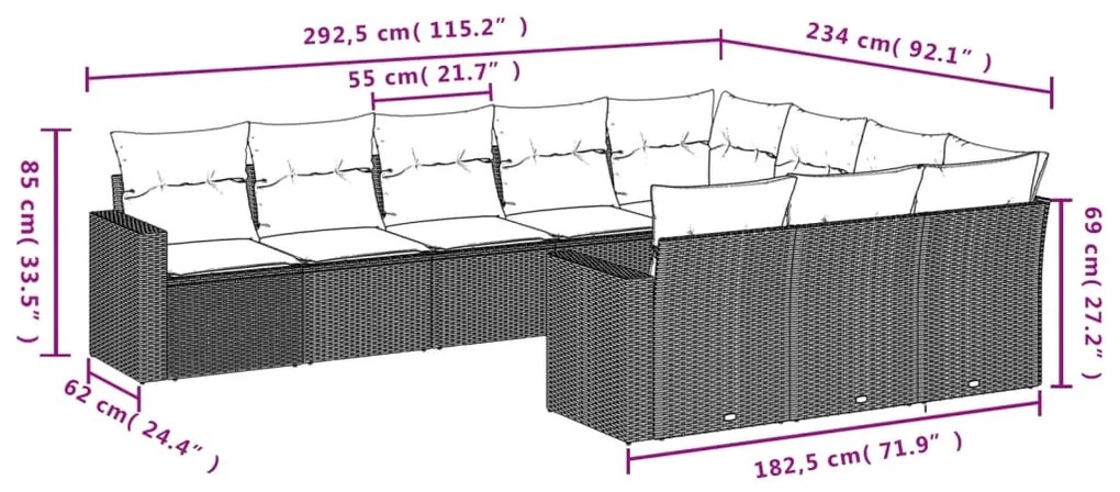 10 pcs conjunto de sofás p/ jardim com almofadões vime PE bege