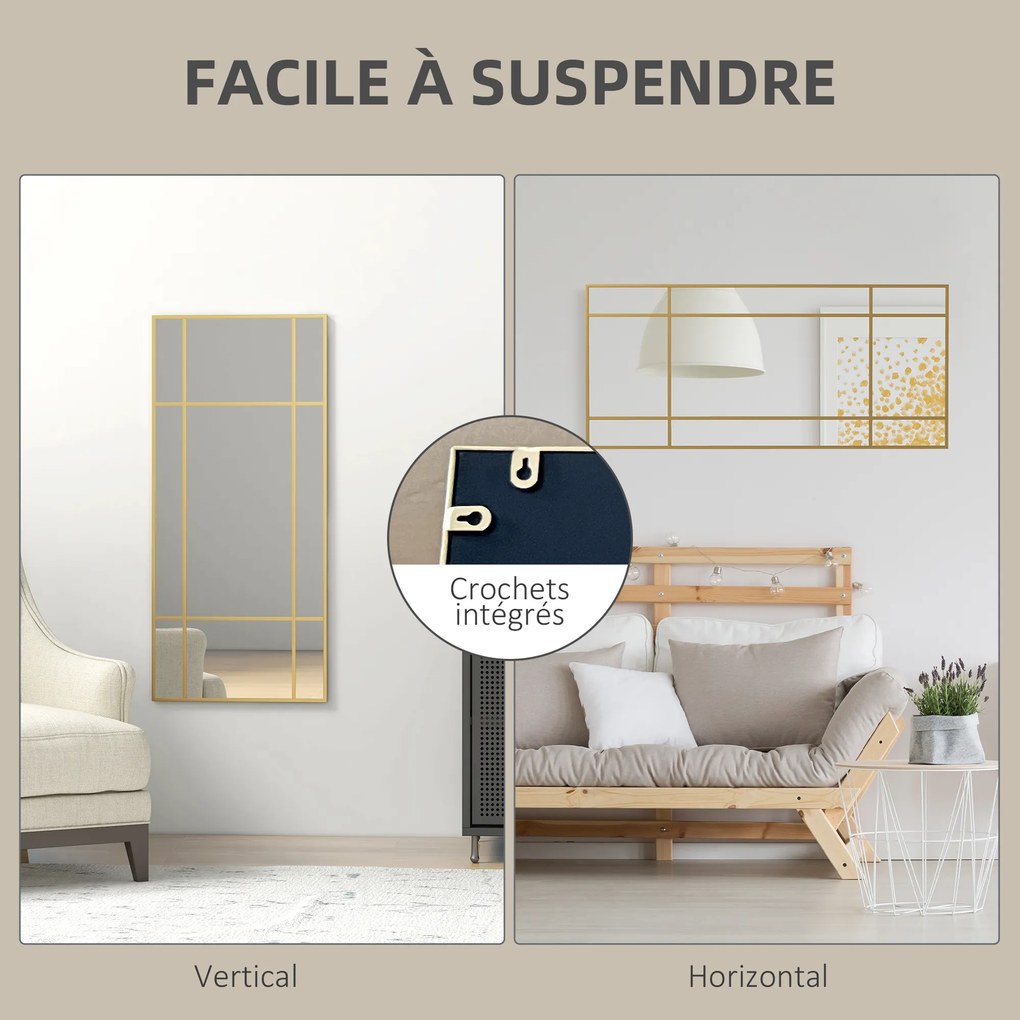 Espelho de parede retangular em estilo janela, na orientação horizontal ou vertical, com 4 ganchos, 110 x 50 cm em metal dourado