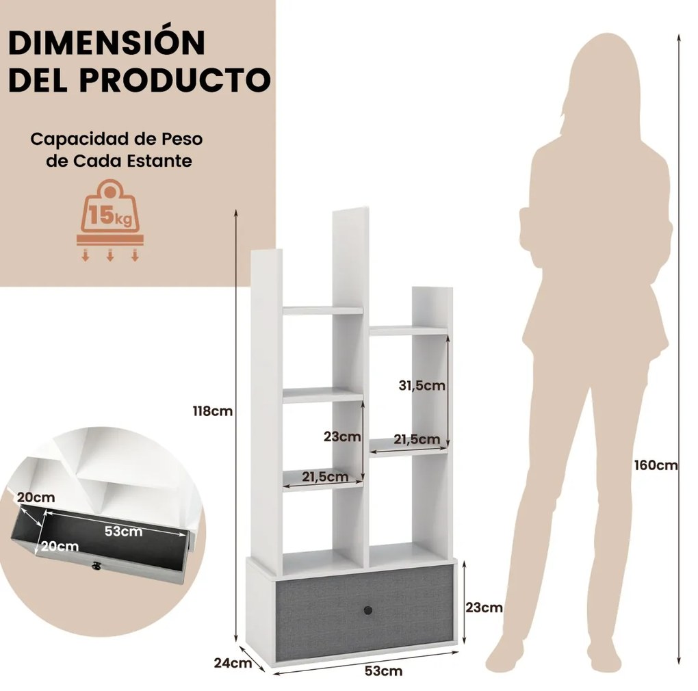 Estante de 7 níveis com gaveta e 7 compartimentos Estante de madeira para sala de estar Quarto 53 x 24 x 118 cm Branco