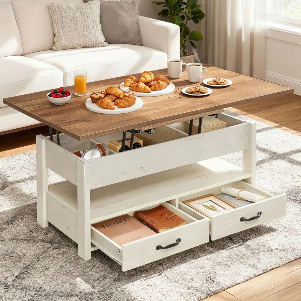 Mesa de centro, mesa de sala de estar 50 x 100 x 49,1 cm/64,1 cm castanho-branco