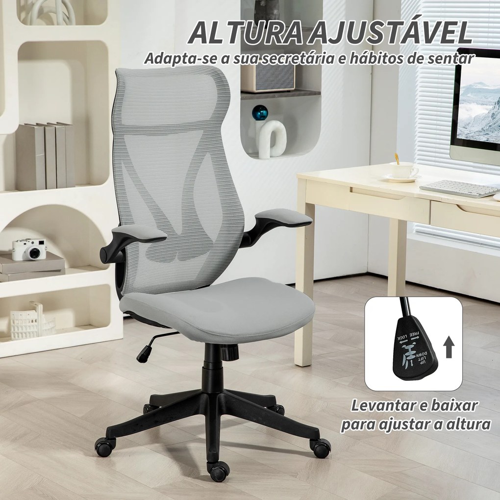 Cadeira de Escritório Giratória com Altura Ajustável Apoio para os Braços Dobráveis e Função Basculante 66x66x113-121 cm Cinza