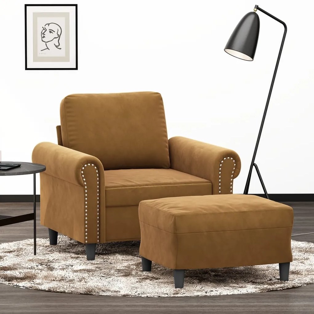 vidaXL Poltrona com apoio de pés 60 cm veludo castanho