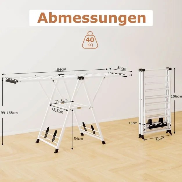Estendal dobrável com braços ajustáveis 184 x 56 x 99–168 cm, pinças para meias e prateleira para sapatos, secador de roupa Branco