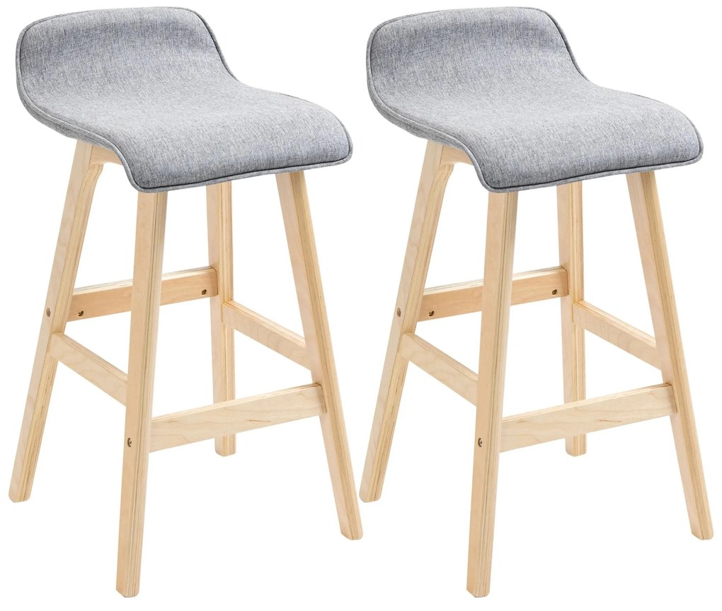 HOMCOM Conjunto de 2 Bancos de Bar com Assento 64cm de Altura Estofada em Linho Sintético Bancos Altos de Cozinha com Pés de Madeira 40x41,5x75,5cm Cinza e Natural
