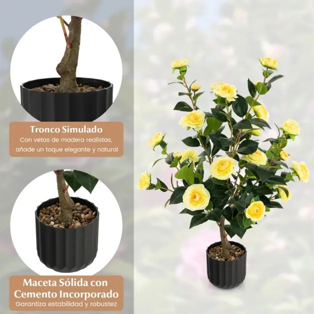 Conjunto de 2 árvores de camélia artificiais 95 cm Planta de flor falsa num vaso de cimento Amarelas