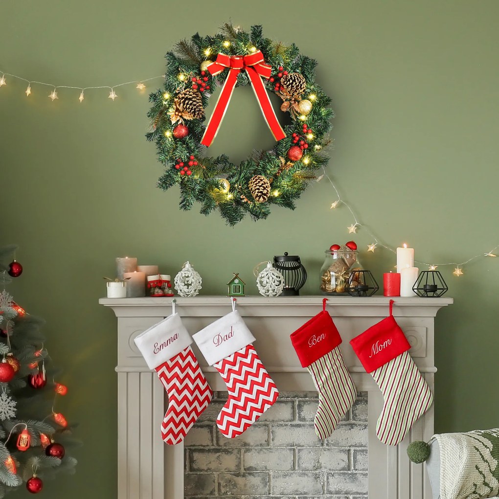 Grinalda de Natal artificial iluminada com 20 LEDs, com 60 cm - decorada com azevinho e pinhas verde