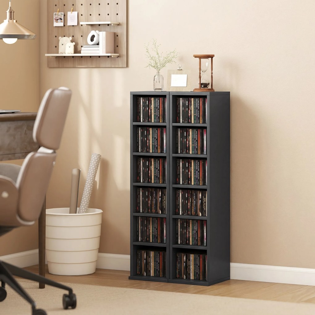 Conjunto de 2 prateleiras verticais para arrumação de CDs e DVDs, com 12 compartimentos, 21 x 22,5 x 88,5 cm, capacidade para 204 CDs, preto