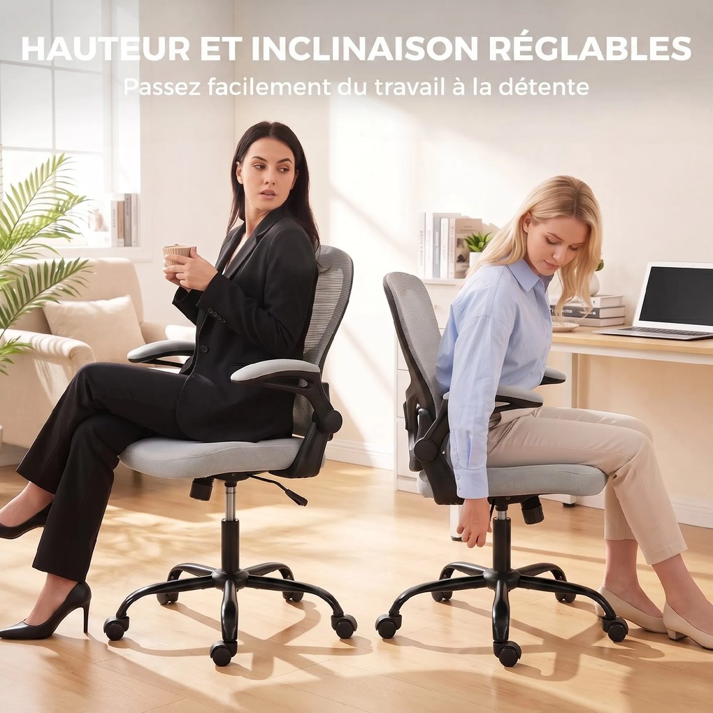 Cadeira de escritório ergonómica, cadeira de escritório em malha, braços rebatíveis, altura ajustável, função de balanço, cinzenta