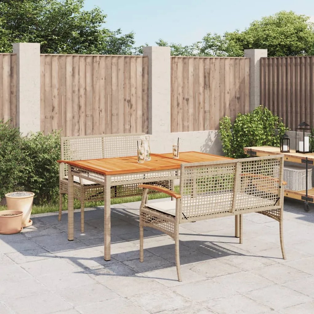 vidaXL 3 pcs conjunto de jantar p/ jardim com almofadões vime PE bege