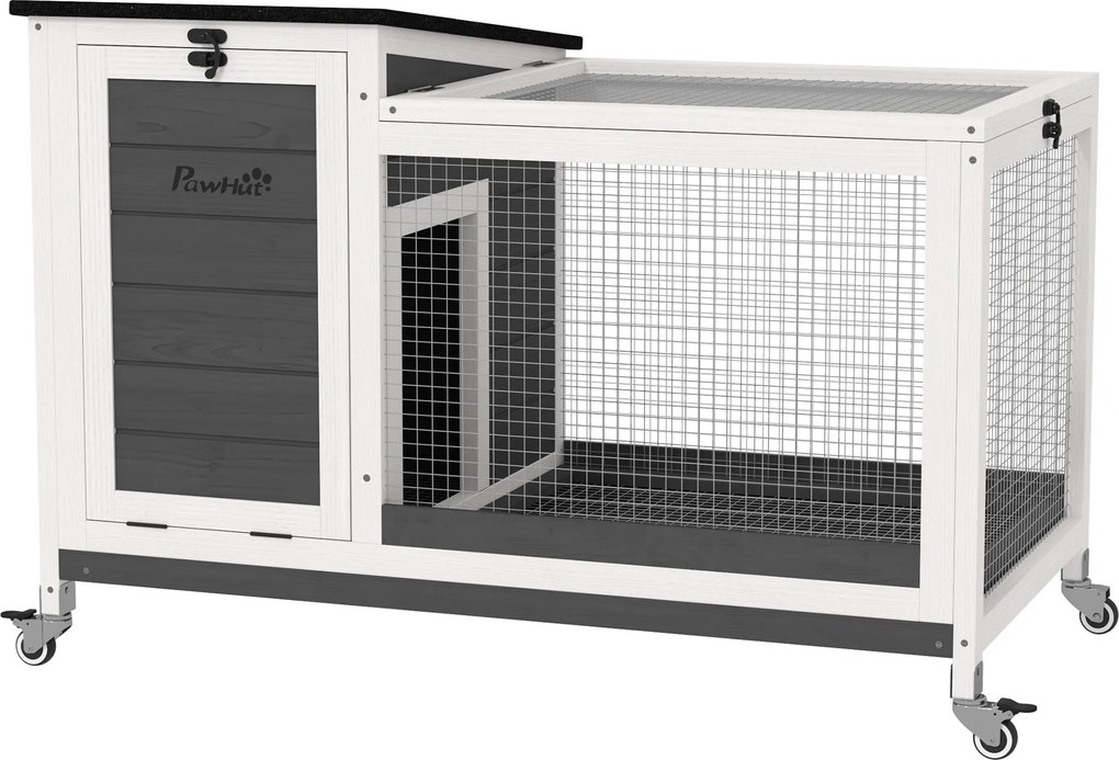PawHut Casinha para Coelhos em Madeira com Cercado de Passeio Rodas Telhado Dobrável para Interior e Exterior 92 x 52 x 67 cm Cinzento escuro | Aosom Portugal
