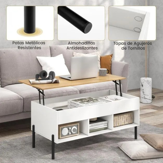 Mesa de centro 100 x 50 x 45 cm elevável com tampo ajustável, amplo compartimento oculto e 3 espaços abertos com pernas de metal branca