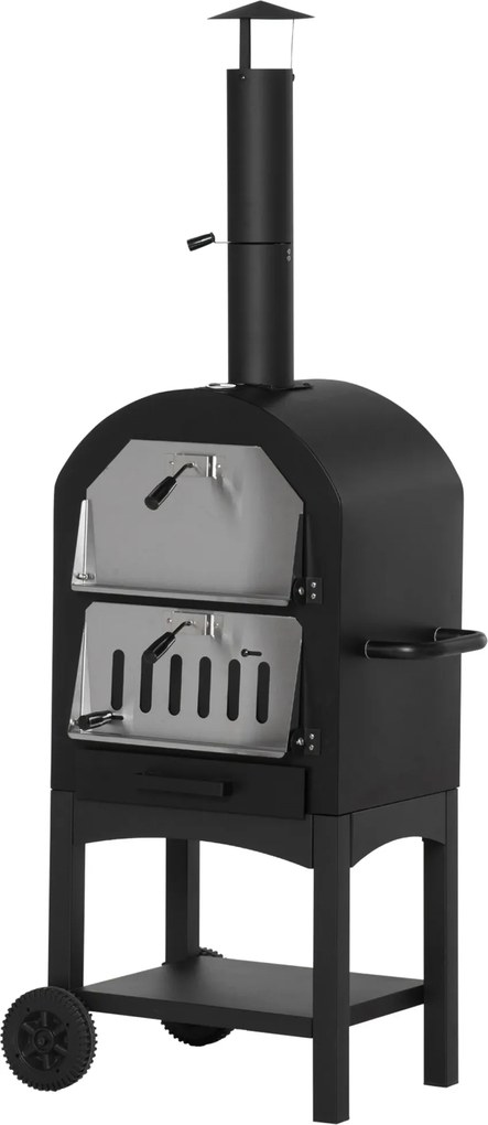 Outsunny Forno de Pizza Exterior a Carvão Churrasqueira com Rodas Forno de Lenha Pedra Refratária Chaminé Termômetro Aço Preto Cinza | Aosom Portugal