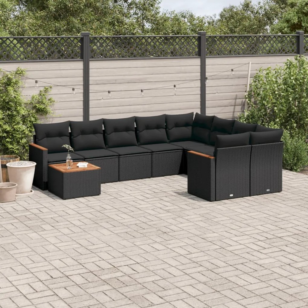 10 pcs conjunto sofás de jardim c/ almofadões vime PE preto