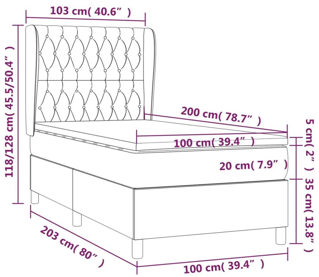 Cama com molas/colchão 100x200 cm veludo cinza-escuro