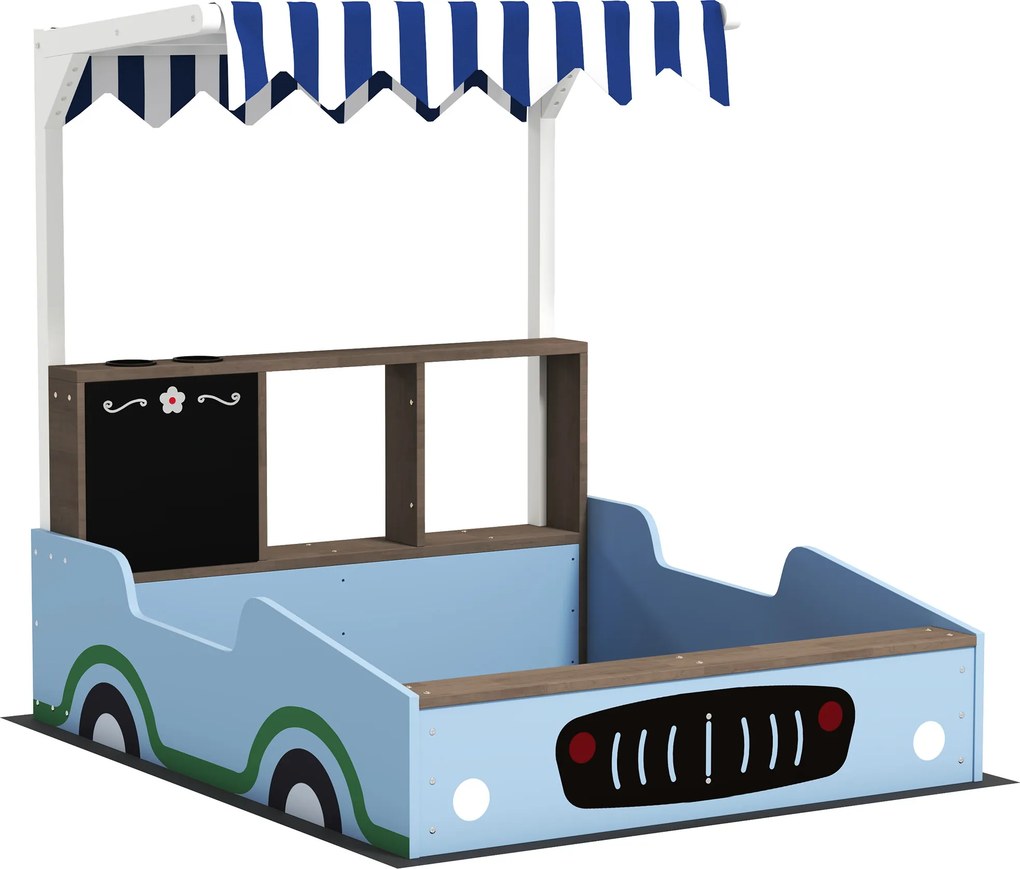 AIYAPLAY Caixa de areia com toldo, design de mercearia, banco, quadro de desenho, madeira de pinho, 104H x 108L x 90B cm, Azul | Aosom Portugal
