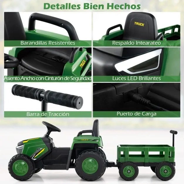 Trator Elétrico para crianças de 12V com Reboque Desmontável Comando à Distância Faróis LED Buzina Música Arranque Verde Escuro