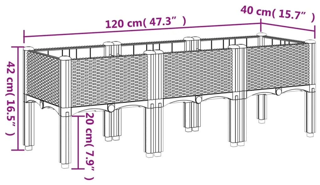 Vaso/floreira de jardim c/ pernas 120x40x42 cm PP cinzento