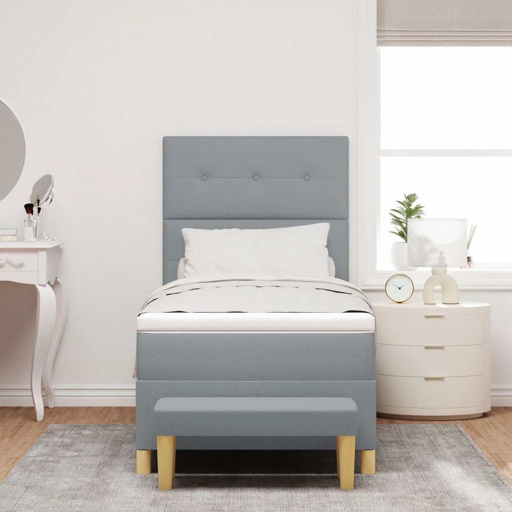 Cama Box Spring com Colchão & Banco Cinza Claro 80x200 cm Tecido