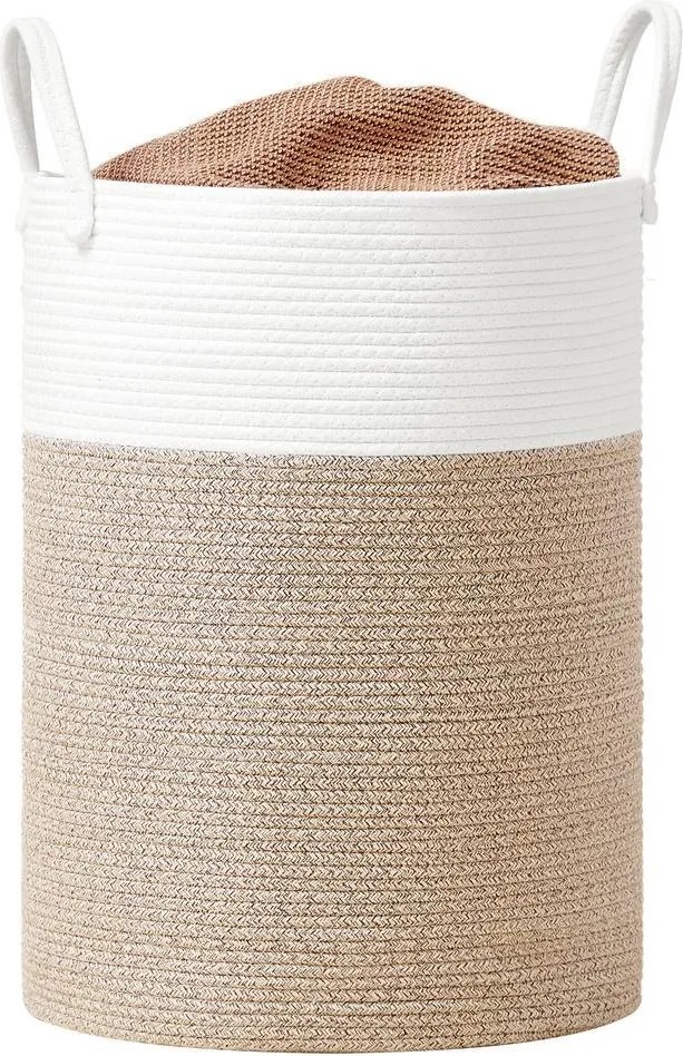 Cesto da roupa suja, cesto de 80 L 40 x 40 x 60 cm, corda de algodão branco-castanho-acinzentado