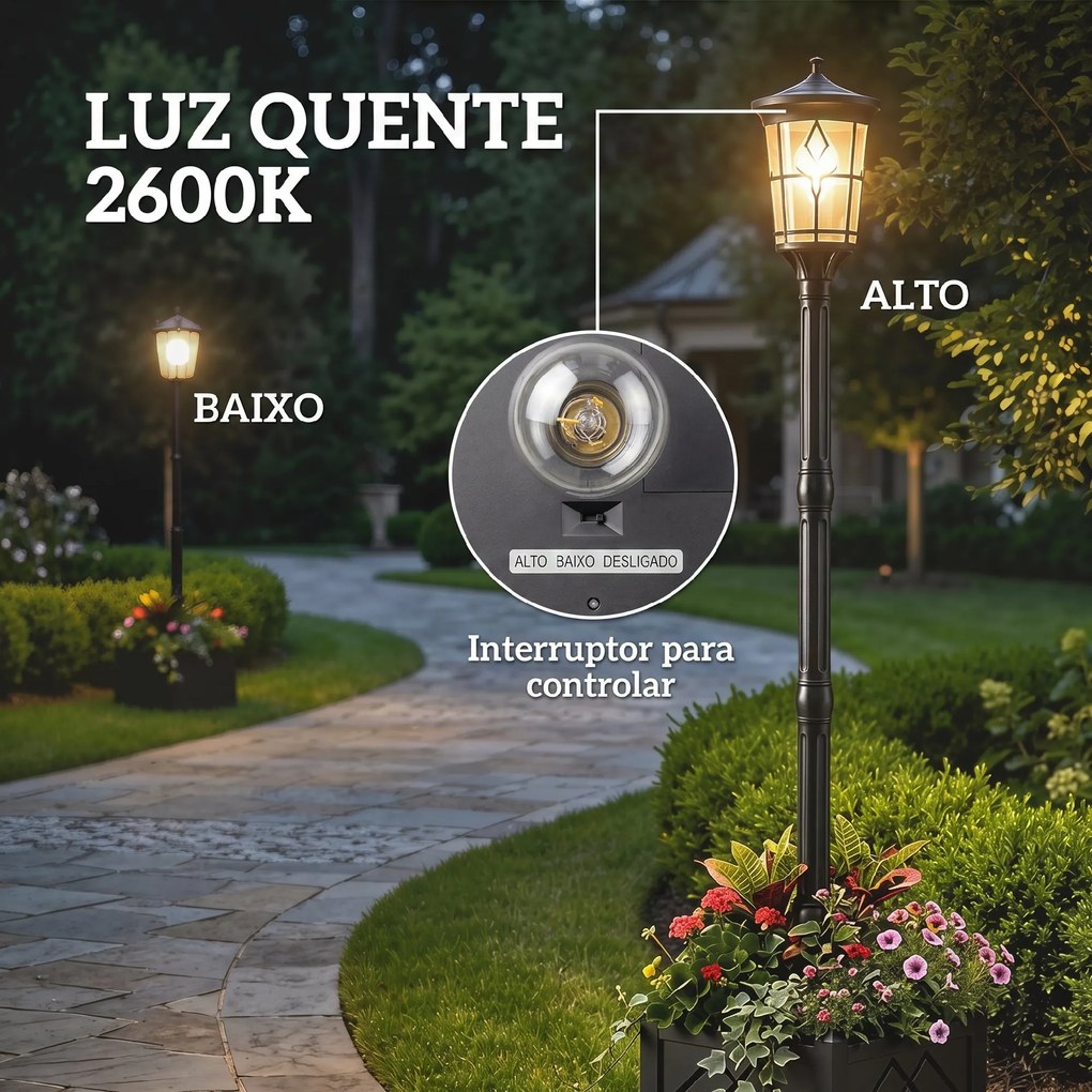 Candeeiro Solar Exterior de Jardim com Vaso 2 Modos de Brilho 100/50 lm IP44 Acendimento/Desligamento Automático Preto