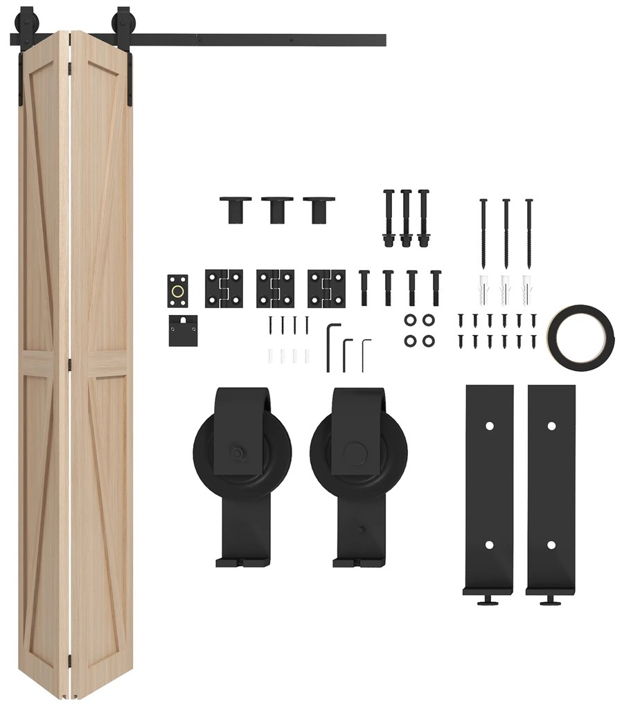 HOMCOM 4FT/122CM Kit de Ferragens para Porta Deslizante Dobrável para 2 Portas com Trilho para Celeiro Preto