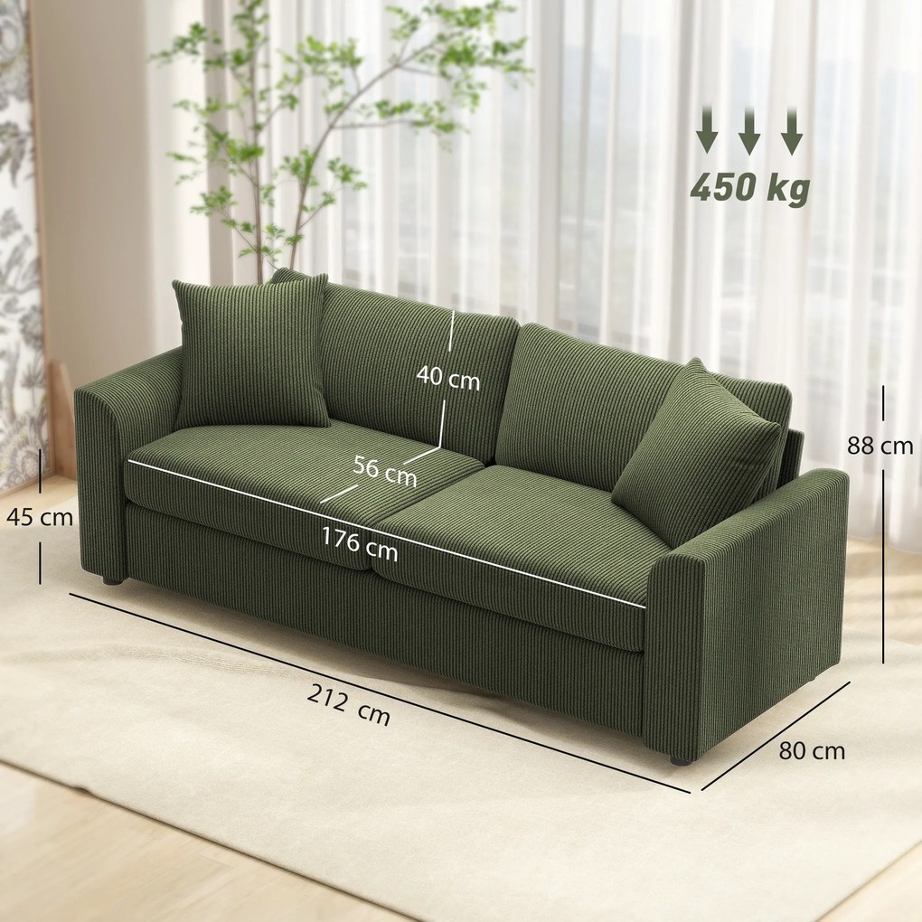 Sofá de 3 Lugares Sofá Sala de Estar 212x80x88 cm Estofado em Veludo Canelado com 2 Almofadas  Desenho Moderno Verde