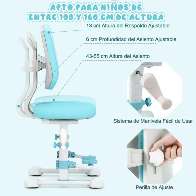 Cadeira de escritório para crianças com encosto duplo ajustável, apoio para os pés, altura e profundidade do assento ajustáveis azul
