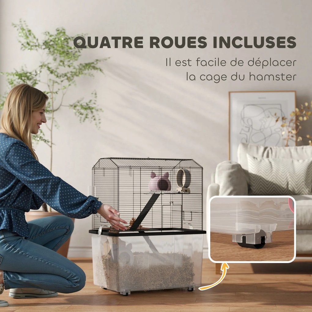 Gaiola para hamsters e roedores de 3 andares 57 x 43 x 74 cm, com rodas, plataforma e escada em arame de aço, preta