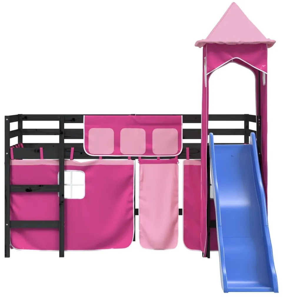 Cama alta para criança com torre 80x200 cm pinho maciço rosa