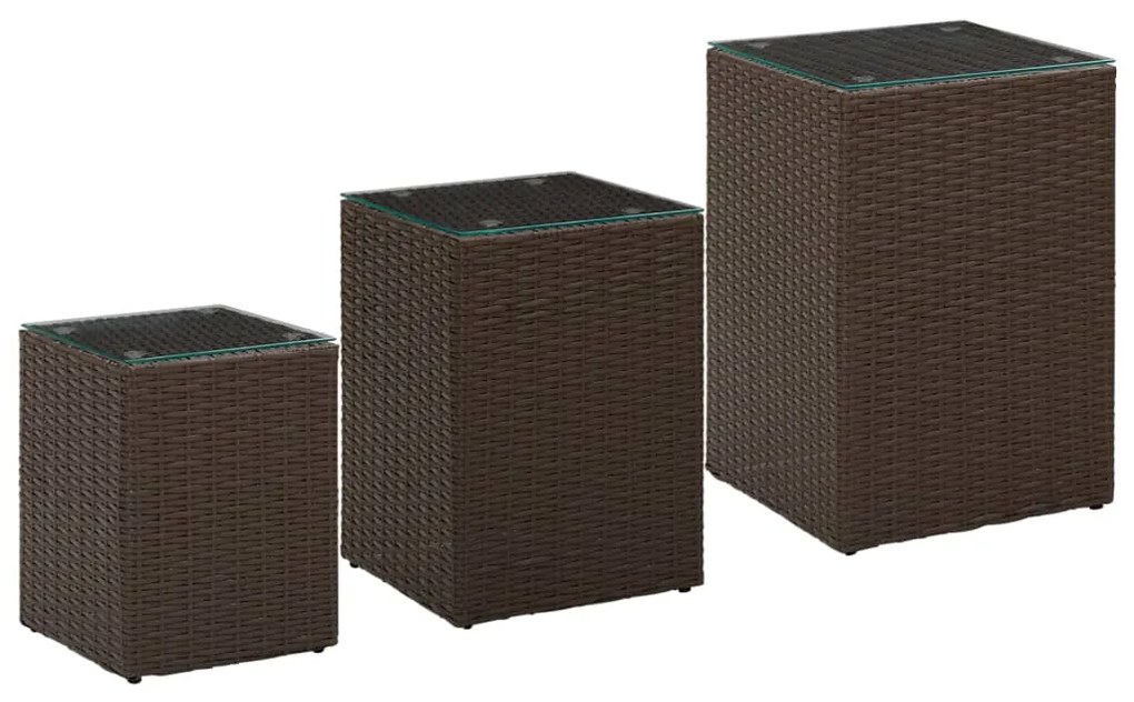 316380 vidaXL Mesas de apoio com tampo de vidro 3 pcs vime PE castanho
