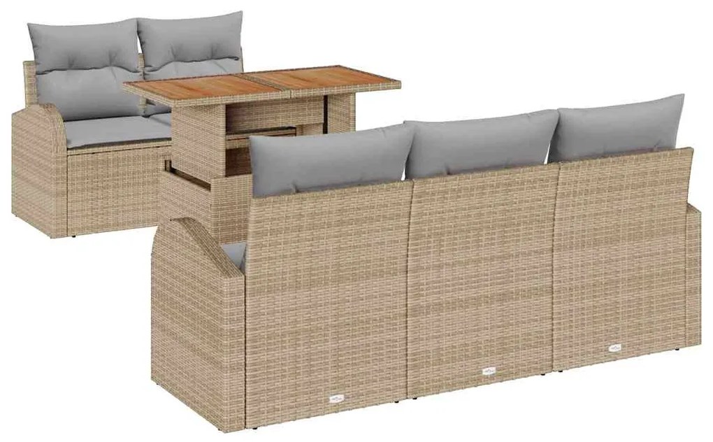 Conjunto de Sofá de Jardim 6 Peças com Almofadas Bege em Rattan
