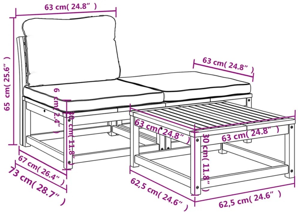 3 pcs conjunto lounge de jardim c/ almofadões acácia maciça