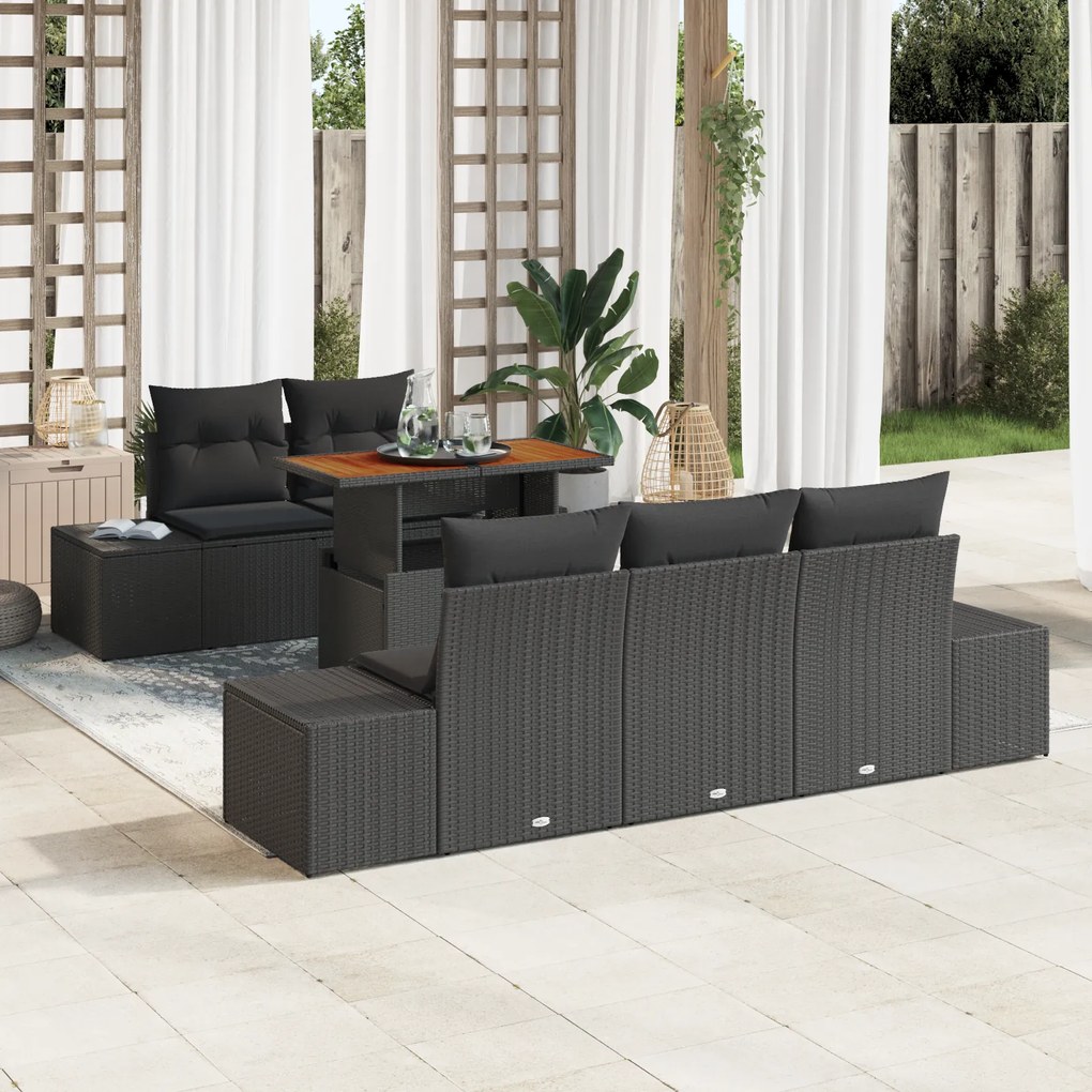 Conjunto de Sofá de Jardim 6 Peças com Almofadas Preto Rattan PE