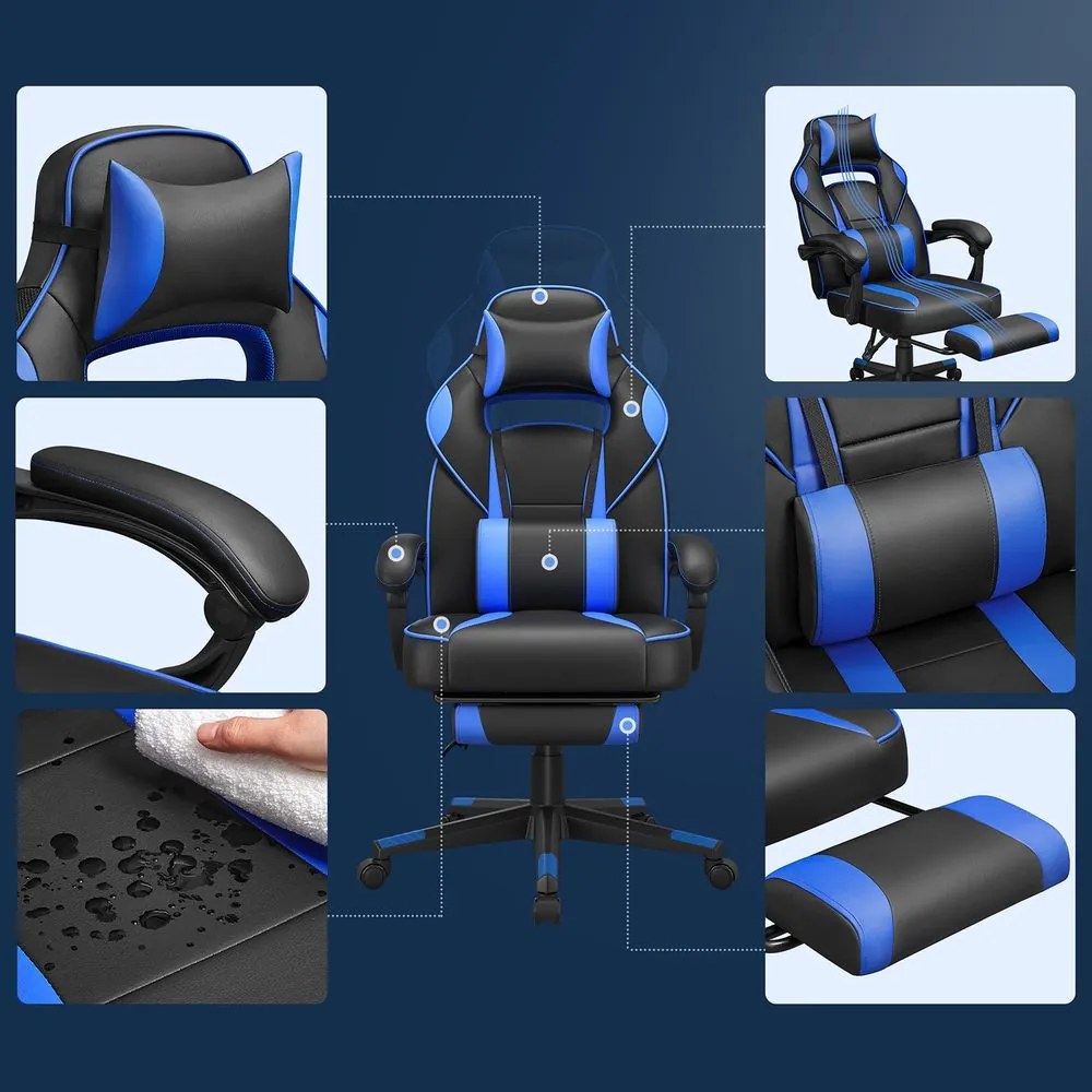 Cadeira Gaming com encosto reclinável e almofada para o apoio de cabeça Preto + azul