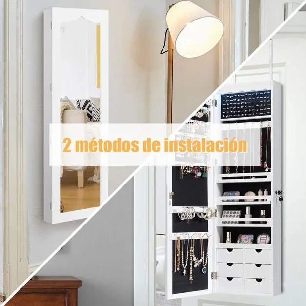 Armário para joias com espelho, iluminação LED, fechadura para montar na porta ou na parede, 36,5 x 11,5 x 120 cm Branco