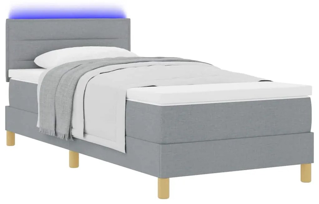 Cama Box Spring com Colchão &amp; LED Cinza claro 80x200 cm Tecido