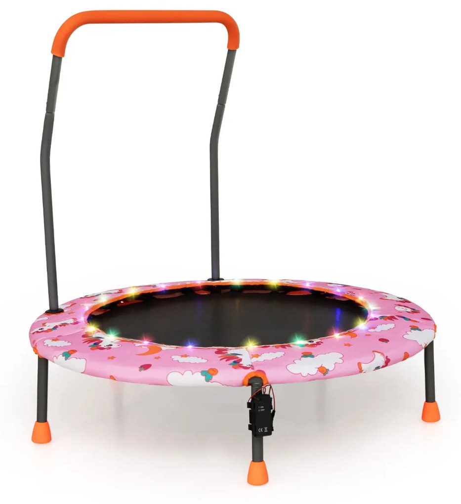 Trampolim para crianças 92 cm com luzes LED Pega de segurança Tapete de saltos redondo Cobertura 3-6 anos Rosa