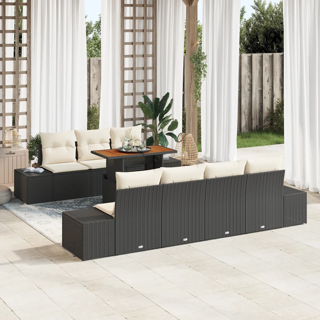 Conjunto de Sofá de Jardim de 8 Peças com Almofadas Pretas em Vime Pol