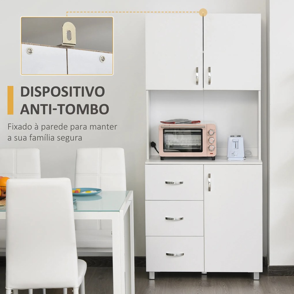 HOMCOM Armário de Armazenamento de Cozinha Armário Alto com 3 Gavetas 3 Portas e Prateleiras Interiores Ajustáveis móvel Auxiliar para Sala de Jantar Sala de Estar 80x39,5x183,5cm Branco